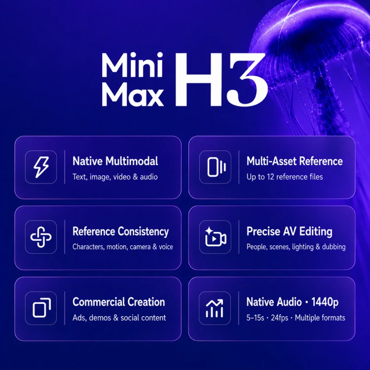 Native multimodal understanding, flexible multi-asset references, reference consistency, precise audio-visual editing, commercial content creation, and native sound effects at 1440p.